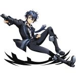  1boy belt black_boots black_bullet black_pants blue_hair boots brown_eyes clenched_hand divine_gate dress_shirt full_body gun holding holding_gun holding_weapon looking_at_viewer necktie official_art pants satomi_rentarou shirt smile solo transparent_background ucmm uniform weapon white_shirt 