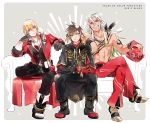  3boys alternate_color blue_eyes boots brown_hair coat couch dark_skin dark_skinned_male eizen_(tales) feathers frown gotou_(pixiv37128) grey_background grin hands_together hat legs_crossed male_focus multiple_boys muscle navel open_clothes open_coat red_eyes shirtless sitting smile sorey_(tales) tales_of_(series) tales_of_berseria tales_of_zestiria tattoo zaveid_(tales) 