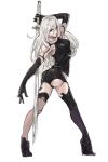  1girl android ass blue_eyes bodysuit breasts doll_joints elbow_gloves gloves highres katana long_hair mandrill nari nier_(series) nier_automata silver_hair sketch solo sword thigh-highs weapon yorha_type_a_no._2 