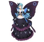  1girl accel_world asuna_(sao-alo) black_skirt black_umbrella black_wings blue_eyes blue_hair breasts butterfly butterfly_hair_ornament butterfly_wings cleavage closed_umbrella collarbone cosplay creator_connection floating_hair frilled_skirt frills full_body hair_ornament holding holding_umbrella kuroyukihime kuroyukihime_(cosplay) layered_skirt long_hair long_skirt looking_at_viewer medium_breasts midriff navel pointy_ears sideboob simple_background skirt smile solo standing stomach strapless sword_art_online umbrella very_long_hair white_background wings 