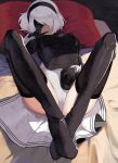 1girl bed blindfold boots finger_to_mouth highres juz legs_up leotard leotard_under_clothes lying mole mole_under_mouth nier_(series) nier_automata on_back pillow silver_hair solo spread_legs thigh-highs thigh_boots yorha_no._2_type_b 