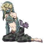  1boy alternate_costume bare_shoulders barefoot blonde_hair blue_eyes blush character_name commentary_request crossdressinging detached_sleeves earrings gerudo_link highres jewelry katana_(life_is_beautiful) link looking_at_viewer male_focus midriff navel shiny shiny_hair shiny_skin simple_background sitting solo stomach the_legend_of_zelda the_legend_of_zelda:_breath_of_the_wild toned trap veil white_background 