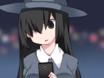  1girl black_eyes black_hair blurry blurry_background cellphone commentary_request dress_shirt hair_over_one_eye hammer_(sunset_beach) hat looking_at_viewer original phone shirt smartphone solo upper_body 