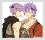  2boys candy eating fire_emblem fire_emblem_if food gurei_(fire_emblem_if) headband japanese_clothes looking_at_viewer multiple_boys purple_hair shinonome_(fire_emblem_if) shourou_kanna simple_background smile white_background 