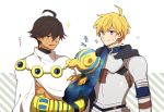  2boys ahoge armor blonde_hair brown_hair cape cat dark_skin fate/grand_order fate/prototype fate/prototype:_fragments_of_blue_and_silver fate_(series) green_eyes male_focus multiple_boys open_mouth rider_(fate/prototype_fragments) saber_(fate/prototype) short_hair smile yellow_eyes 