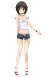  1girl arm_behind_back black_hair blush breasts brown_eyes camisole closed_mouth full_body hips looking_at_viewer midriff navel original rasahan short_hair_with_long_locks short_shorts shorts simple_background small_breasts smile solo standing strap_slip thighs watch watch white_background 