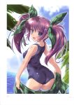  1girl :d absurdres black_eyes blush breasts eyebrows_visible_through_hair green_ribbon hair_ornament hair_ribbon highres holding komatsu_eiji long_hair looking_at_viewer looking_back ocean open_mouth original palm_tree purple_hair ribbon school_swimsuit shiny shiny_skin smile solo swimsuit thigh-highs tree twintails white_legwear 