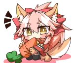  /\/\/\ 1girl animal_ears bell bell_collar black_legwear blush carrot chibi collar eating fate/grand_order fate_(series) food fox_ears fox_tail hair_ribbon jako_(jakoo21) long_hair looking_at_viewer open_mouth paws pink_hair ribbon solo tail tamamo_(fate)_(all) tamamo_cat_(fate) thigh-highs vegetable yellow_eyes 