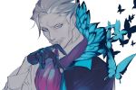 1boy blue_eyes butterfly facial_hair fate/grand_order fate_(series) formal gloves james_moriarty_(fate/grand_order) looking_at_viewer male_focus mustache short_hair smile solo suit white_hair 