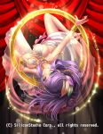  1girl barefoot bracelet breasts cleavage company_name curtains feathers full_body green_eyes gyakushuu_no_fantasica highres jewelry long_hair official_art purple_hair ring ryuki@maguro-ex sideboob solo sparkle 