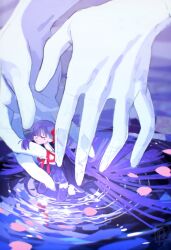  1girl bb_(fate) bb_(fate/extra) black_skirt black_thighhighs closed_eyes fate/extra fate_(series) fingernails hair_ribbon highres long_hair long_sleeves mini_person minigirl petals pink_petals purple_hair red_ribbon ribbon ripples shirt single_tear skirt sksk_sn09 solo_focus thigh-highs very_long_hair white_shirt 