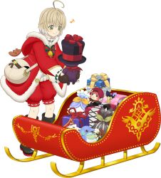  1boy ahoge antlers artist_request bell bienfu_(tales) black_boots black_mittens blonde_hair boots box child christmas coat fake_antlers full_body fur-trimmed_coat fur_trim game_cg gift gift_box green_eyes highres holding hood hooded_coat horns laphicet_(christmas)_(tales) laphicet_(tales) light_blush looking_at_object mittens musical_note normin_(tales) official_alternate_costume official_art red_coat red_shorts reindeer_antlers santa_costume short_hair shorts sleigh smile solo standing tales_of_(series) tales_of_asteria tales_of_berseria third-party_source transparent_background white_bag 