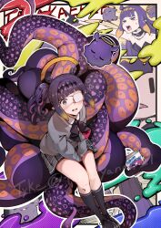  >_< 1girl arms_between_legs black_bow black_bowtie black_shoes black_socks blue_eyes blunt_bangs book border bow bowtie closed_eyes collared_shirt commentary diamond_hairband dress_shirt eyepatch from_above gradient_hair grey_skirt grey_sweater halo highres hololive hololive_english kneehighs light_blush long_sleeves looking_at_viewer medical_eyepatch mole mole_under_eye multicolored_hair ninomae_ina'nis ninomae_ina'nis_(school_uniform) official_alternate_costume official_alternate_hairstyle one_eye_covered open_mouth orange_hair outside_border plaid_clothes plaid_skirt pleated_skirt pointy_ears purple_hair school_uniform shirt shoes side_ponytail sidelocks sitting skirt smol_ina socks sweater taka.yana takodachi_(ninomae_ina'nis) tentacle_hair tentacles traditional_halo twitter_username two-tone_hair virtual_youtuber white_border white_shirt yellow_halo 