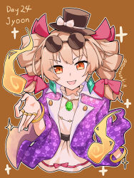  1girl aomurasaki_r black_hat blonde_hair bow character_name clothing_request coat collared_coat dress drill_hair earrings eyewear_on_head floral_print hair_bow hat hat_bow highres jewelry money_gesture multiple_rings necklace open_mouth orange_background orange_eyes pendant purple_coat red_bow ring round_eyewear simple_background solo top_hat touhou twin_drills twitter_username white_dress yorigami_jo'on 