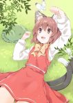  1girl :d ahoge akagashi_hagane animal animal_ears arm_up brown_eyes brown_hair butterfly cat_ears cat_tail chen clenched_hands dot_nose eyebrows_visible_through_hair eyelashes fangs fingernails frilled_hat frills grass green_hat hair_between_eyes hat hat_removed headwear_removed long_sleeves looking_up lying mob_cap multiple_tails neck_ribbon on_back open_mouth outdoors paw_pose plant red_shirt red_skirt ribbon sanpaku shirt short_hair skirt skirt_set sleeveless sleeveless_shirt smile tail tareme touhou two_tails white_shirt yellow_ribbon 