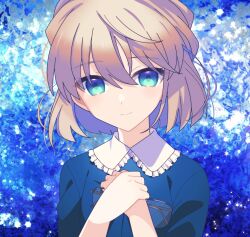  1girl blue_background blue_eyes blue_shirt brown_hair commentary_request eyelashes glasses haibara_ai hair_between_eyes highres lololotton looking_at_viewer meitantei_conan meitantei_conan_kurogane_no_submarine own_hands_together shirt short_hair simple_background smile solo sparkle unworn_eyewear upper_body 