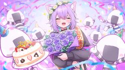  1girl ahoge animal_collar animal_ear_fluff animal_ears birthday_cake black_collar black_hoodie blush breasts cake cat_ears cat_girl cat_tail closed_eyes collar commentary_request cropped_hoodie flower food hair_between_eyes happy_birthday highres hololive hood hood_down hoodie long_sleeves looking_at_viewer nekomata_okayu nekomata_okayu_(1st_costume) onigirya_(nekomata_okayu) open_mouth petals purple_flower purple_hair purple_rose rose shirt short_hair sleeves_past_wrists smile solo tail tkc_(user_snjd8547) upper_body violet_eyes virtual_youtuber white_flower 