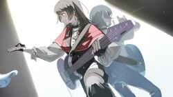  3girls 5-string_bass_guitar back-to-back bang_dream! bang_dream!_it's_mygo!!!!! bass_guitar black_boots black_choker black_hair blue_eyes blue_pants boots capelet choker commentary_request earrings extended_range_bass_guitar glint highres holding holding_plectrum instrument jewelry multiple_girls nanami_(nunnun_0410) open_mouth pants plectrum red_capelet sweat time_paradox timoris_(bang_dream!) togawa_sakiko yahata_umiri 