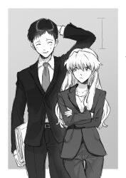  1boy 1girl annoyed arm_behind_head black_hair black_jacket black_pantyhose black_suit border closed_eyes collared_shirt commentary_request cowboy_shot crossed_arms frown furrowed_brow greyscale height_difference highres ikari_shinji jacket jewelry long_hair monochrome necklace necktie neon_genesis_evangelion nervous_smile pantyhose parted_lips shirt short_hair smile souryuu_asuka_langley suit suit_jacket sweatdrop unihotate0329 white_border white_shirt 