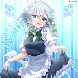  1girl aomurasaki_r apron back_bow blue_eyes blue_skirt blue_vest bow bowtie breasts buttons commentary frilled_skirt frills green_bow green_bowtie hair_bow highres izayoi_sakuya knife maid_headdress medium_hair puffy_short_sleeves puffy_sleeves shirt short_sleeves skirt skirt_hold solo teeth touhou twitter_username upper_teeth_only vest waist_apron white_apron white_bow white_hair white_shirt 