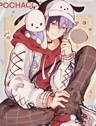  1boy adair_(juicelooped) aoyagi_touya bad_id bad_twitter_id black_choker blue_hair character_name choker closed_mouth crossover drawstring hair_between_eyes hand_up hat highres hood hood_down hoodie knee_up layered_clothes long_sleeves looking_at_another male_focus mole mole_under_eye multicolored_hair official_alternate_costume pants paw_print plaid_clothes plaid_pants pochacco project_sekai red_hoodie sanrio shoelaces sitting smile split-color_hair two-tone_hair white_hat 