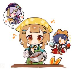  +_+ 2girls :d animal_hat apron aqua_dress bead_necklace beads beanie bear_hat blue_hair blunt_bangs blush bowl box braid braided_ponytail brown_eyes brown_hair brown_hat china_dress chinese_clothes chocolate closed_mouth coin_hair_ornament commentary_request double-parted_bangs dress food fur-trimmed_jacket fur_trim genshin_impact gift gift_box green_apron hair_ornament hairclip hands_up hat hat_tassel headscarf highres holding holding_bowl holding_food holding_gift holding_whisk jacket jewelry jueyun_chili_pepper_(genshin_impact) layered_dress long_hair long_sleeves low_twin_braids medium_hair mixing_bowl multiple_girls musical_note necklace notice_lines ofuda ofuda_on_head oooma_155 open_mouth purple_dress purple_hair purple_hat qingdai_guanmao qiqi_(genshin_impact) rabbit_hair_ornament red_jacket short_eyebrows sidelocks simple_background single_braid slime_(substance) smile speech_bubble spoken_character tassel thick_eyebrows thought_bubble twin_braids v-shaped_eyebrows very_long_hair violet_eyes vision_(genshin_impact) whisk white_background white_dress xiangling_(genshin_impact) xiangling_(new_year's_cheer)_(genshin_impact) yaoyao_(genshin_impact) yaoyao_(rainlit_bamboo_reverie)_(genshin_impact) yellow_headscarf yuegui_(genshin_impact) 