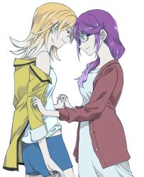  2girls blonde_hair blue_shorts brown_cardigan cardigan closed_eyes closed_mouth commentary_request daiba_nana dress forehead-to-forehead glasses gradient_hair green_eyes heads_together highres holding_hands hoshimi_junna interlocked_fingers jacket kon_kyk_03 looking_at_another multicolored_hair multiple_girls purple_hair shirt shorts shoujo_kageki_revue_starlight simple_background smile white_background white_dress white_shirt yellow_jacket yuri 