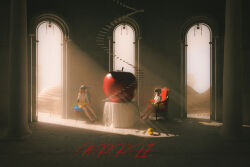  2girls absurdres apple arch arm_at_side black_hair black_pantyhose black_shoes blender_(medium) blue_eyes bow chinese_commentary column commentary_request english_text food fruit golden_apple hand_up highres holding holding_food holding_fruit indoors light_rays long_hair mary_janes miniskirt multiple_girls original oversized_food oversized_object pantyhose pillar sailor_collar scenery school_uniform serafuku shade shirt shoes short_hair_with_long_locks skirt slice_of_life small_horns spiral_staircase stairs table tablecloth tamelander violet_eyes white_sailor_collar white_shirt wide_shot yellow_bow yellow_skirt 