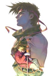  2boys battle_tendency brown_hair brown_shoes chair coat commentary dual_persona english_commentary gloves green_shirt hand_on_own_chest hat headband highres holding jojo_no_kimyou_na_bouken joseph_joestar joseph_joestar_(old) joseph_joestar_(young) long_sleeves looking_up male_focus multiple_boys pants profile red_coat rocking_chair shirt shoes short_sideburns sideburns simple_background sitting sleeveless sleeveless_shirt stardust_crusaders whistle_0324 white_background white_gloves white_pants 
