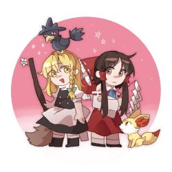  2girls apron ascot back_bow bird black_skirt black_vest blonde_hair bow braid broom brown_eyes brown_hair chibi chibi_only chinese_commentary closed_mouth commentary_request crossed_arms crossover detached_sleeves fennekin fox frilled_bow frills gohei green_bow hair_bow hair_tubes hakurei_reimu highres holding holding_broom holding_gohei kirisame_marisa long_hair multiple_girls murkrow on_head open_mouth pokemon pokemon_(creature) pokemon_on_head red_bow red_skirt ribbon-trimmed_sleeves ribbon_trim side_braid single_braid skirt skirt_set smile tinglanlanlan touhou vest white_apron white_bow yellow_eyes 