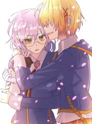  absurdres brown_hair commentary_request from_side glasses green_eyes hair_ornament hairpin heaven_burns_red highres hug hug_from_side izumi_yuki_(heaven_burns_red) kayamori_ruka long_hair purple_hair shiono_(shiono2021) short_hair yuri 