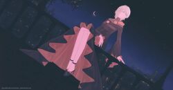  1girl absurdres black_dress black_shoes blue_eyes crescent_moon dress faust_(project_moon) flower full_body high_heels highres limbus_company long_dress long_sleeves looking_to_the_side moon night on_railing project_moon railing rose shoes short_hair white_hair yuishironeko 