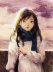  bag brown_eyes clouds cloudy_sky coat furuya_hiyoko handbag holding_bag long_hair ocean original scarf sky 