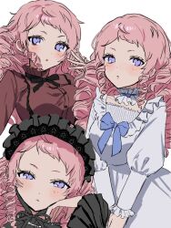  1girl bonnet bow character_request check_character check_copyright chinstrap choker copyright_request curly_hair dress dress_bow ensemble_stars! frilled_choker frills genderswap genderswap_(mtf) hand_on_own_cheek hand_on_own_face highres itsuki_shu long_hair multiple_views natase neck_ribbon own_hands_together pink_hair ribbon ringlets short_bangs violet_eyes 