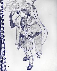  1boy armor art_tools_in_frame belt bishounen blunt_ends bodysuit bow bridal_gauntlets choppy_bangs clothing_cutout eyelashes feathers fingernails from_above full_body furisode gem genshin_impact graphite_(medium) hakama hakama_shorts hand_on_own_hip hand_up hashtag-only_commentary hat hat_tip highres hip_vent japanese_armor japanese_clothes jingasa juban kimono kote layered_sleeves leg_warmers looking_at_viewer male_focus middle_ring open_clothes open_kimono parted_lips pleated_shorts pom_pom_(clothes) rope sandals sash scaramouche_(genshin_impact) short_sleeves shorts shoulder_peek side_cape smile solo standing sunjosei toenails toes traditional_media tsurime vision_(genshin_impact) wanderer_(genshin_impact) zouri 