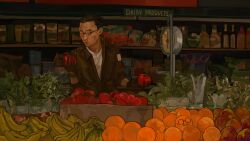  1boy absurdres aisle banana black_gloves black_hair black_jacket buzz_cut disco_elysium english_text food fruit glasses gloves grocery_store highres holding holding_food holding_fruit jacket kim_kitsuragi kozmoraven1610 round_eyewear shelf shirt shopping short_hair solo tomato upper_body variant_set very_short_hair weighing_scale white_shirt 