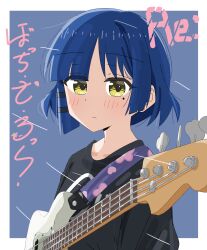  1girl absurdres black_shirt blue_background blue_hair bocchi_the_rock! border choppy_bangs closed_mouth commentary electric_guitar expressionless gibson_les_paul guitar hair_ornament hairclip highres instrument kessoku_band_t-shirt looking_at_viewer mole mole_under_eye outside_border parallel_hairclips shirt short_hair simple_background solo t-shirt te_raria upper_body white_border yamada_ryo yellow_eyes 