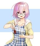  1girl blue_dress blush breasts casual contemporary dress eyes_visible_through_hair fate_(series) feeding hair_over_one_eye hood hooded_track_jacket jacket large_breasts lips looking_at_viewer open_mouth open_track_jacket plaid plaid_dress purple_hair shielder_(fate/grand_order) short_hair shovelwall track_jacket violet_eyes 