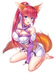  1girl :d animal_ears bare_shoulders barefoot between_legs black_gloves blue_eyes blush breasts cleavage covered_navel criss-cross_halter eyebrows_visible_through_hair fingerless_gloves fingernails fox_ears fox_tail full_body gloves hair_between_eyes halter_top halterneck hand_between_legs head_tilt headphones kakaoken large_breasts long_hair microskirt open_mouth pleated_skirt ponytail rin_(show_by_rock!!) shirt show_by_rock!! simple_background sitting skirt smile solo tail very_long_hair white_background white_shirt 