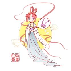  1boy 1girl alternate_costume animal animalization blue_hanfu button_eyes buttons chinese_clothes chinese_commentary commentary_request hair_rings hanfu highres holding holding_animal holding_rabbit jax_(the_amazing_digital_circus) mid-autumn_festival moon partial_commentary rabbit ragatha_(the_amazing_digital_circus) red_hair smile spoken_character stamp_mark the_amazing_digital_circus triangle_nose xing_meng 