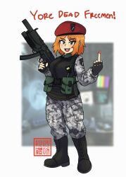  1girl absurdres blurry blurry_background chinese_text commentary english_commentary english_text fang gun half-life_(series) hecu_marine highres middle_finger nail_polish original pink_nails shengongfuti soldier solo weapon 