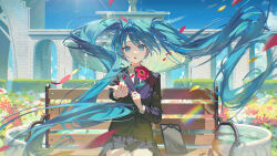  1girl absurdres aqua_eyes aqua_hair aqua_nails bench black_jacket black_necktie collared_shirt commentary_request falling_petals fingernails flower grey_skirt hair_between_eyes hatsune_miku hatsune_miku_(saihate) highres holding holding_flower jacket long_hair miniskirt nail_polish necktie nun_nu on_bench outdoors petals pleated_skirt project_diva_(series) red_flower saihate_(vocaloid) shirt sitting skirt solo twintails very_long_hair vocaloid white_shirt wooden_bench 