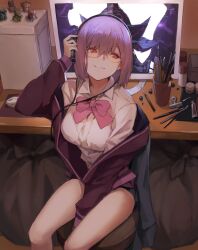  1girl alexis_kerib bag black_skirt bow bowtie boxcutter breasts chair collared_shirt commentary computer_keyboard computer_mouse figure gridman_universe hand_on_headphones headphones highres jacket jacket_partially_removed large_breasts long_sleeves monitor namunamu_(kkyyao) off_shoulder office_chair on_chair paint_tube paintbrush pink-framed_eyewear plastic_bag pleated_skirt purple_bow purple_bowtie purple_hair purple_jacket red_eyes shinjou_akane shirt sitting skirt smile solo ssss.gridman swivel_chair table tinted_eyewear trash_bag white_shirt yellow-tinted_eyewear 