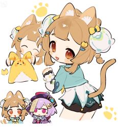  2girls :3 :d animal_ear_fluff animal_ears aqua_dress bead_necklace beads blunt_bangs blush blush_stickers bow bowtie braid braided_ponytail brooch brown_eyes brown_hair cat_ears cat_girl cat_hair_ornament cat_tail chibi china_dress chinese_clothes closed_mouth coin_hair_ornament commentary_request cowboy_shot cropped_legs double-parted_bangs dress expressionless flower genshin_impact hair_flower hair_ornament hairclip hand_on_another's_head hat hat_tassel headpat highres jewelry layered_dress long_hair long_sleeves looking_at_viewer looking_to_the_side medium_hair multiple_girls multiple_views necklace official_alternate_costume ofuda ofuda_on_head oooma_155 open_mouth paw_print purple_dress purple_hair purple_hat qingdai_guanmao qiqi_(genshin_impact) short_eyebrows sidelocks simple_background smile stuffed_animal stuffed_rabbit stuffed_toy tail tassel upper_body violet_eyes vision_(genshin_impact) white_background white_dress white_flower yaoyao_(genshin_impact) yaoyao_(rainlit_bamboo_reverie)_(genshin_impact) yellow_bow yellow_bowtie yuegui_(genshin_impact) 