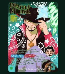  1boy beard black_hair card_(medium) character_name chibi closed_mouth coat commentary cross_pendant crossed_legs dracule_mihawk facial_hair hat_feather hat_over_one_eye highres male_focus mimscosara mustache one_piece ringed_eyes sitting yellow_eyes 