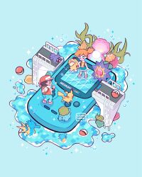  1boy 1girl artist_name bubble bulbasaur game_boy game_boy_color handheld_game_console hat highres horsea jacket ladder leaphere misty_(pokemon) orange_hair pants pikachu poke_ball poke_ball_(basic) pokemon pokemon_(anime) pokemon_(classic_anime) pokemon_rgby psyduck red_(pokemon) red_hat seadra shellder shirt shoes shorts standing starmie suspenders water yellow_shirt 
