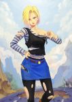  1girl absurdres android_18 blonde_hair blue_eyes breasts cleavage denim dragon_ball dragon_ball_z earrings highres jewelry looking_at_viewer medium_breasts mountain pantyhose short_hair skirt solo torn_clothes torn_pantyhose 