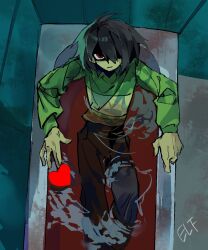  1other 7szndc bath bath_of_blood bathroom bathtub blood brown_hair brown_pants closed_mouth colored_skin deltarune from_above green_shirt hashtag-only_commentary heart highres in_bathtub kris_(deltarune) looking_at_viewer other_focus pants red_eyes shaded_face shirt short_hair solo soul_(deltarune) two-tone_shirt utdr_(toby_fox) yellow_skin 
