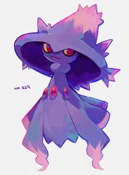  closed_mouth full_body highres looking_at_viewer mismagius no_humans pokedex_number pokemon pokemon_(creature) pokemon_focus red_eyes simple_background smile uenomigi white_background 