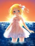  1girl 2017 amane_(amnk1213) artist_name backlighting bare_shoulders blonde_hair blue_eyes blur blurry blush dated depth_of_field dress droplet flat_chest flower frilled_dress frills hair_flower hair_ornament hair_ribbon highres kagamine_rin light_particles light_rays looking_at_viewer ocean open_mouth partially_submerged ribbon see-through_silhouette short_dress short_hair signature smile solo spaghetti_strap sparkle sun sunbeam sunburst sundress sunlight sunset vocaloid water water_drop 
